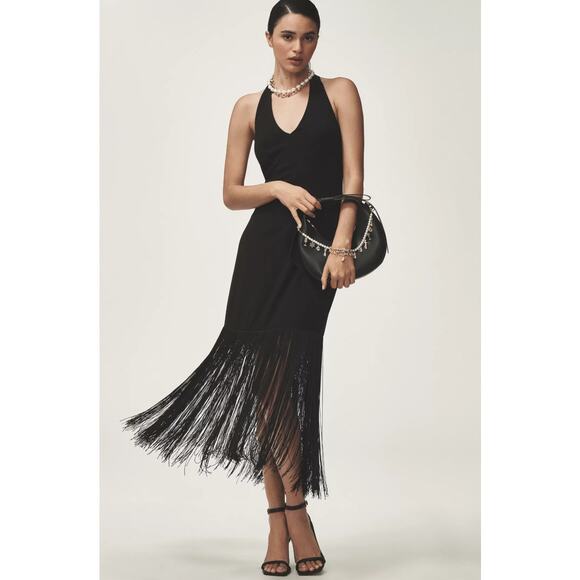 Anthropologie HUTCH Plunge Halter Fringe Knit Midi Dress in Black XL NWT $248 - Picture 2 of 5